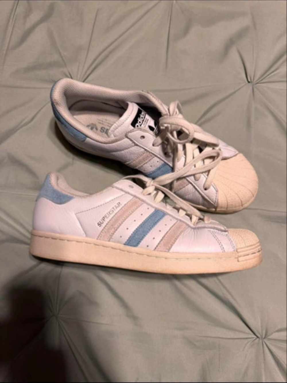 adidas womens Superstar Sneakers in White, Light Blue and Beige